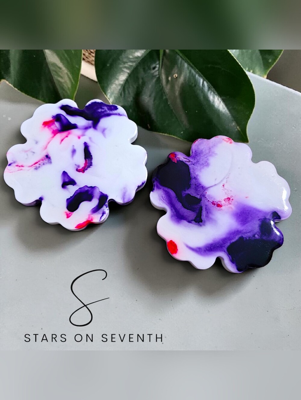 (2) 3-Inch Ceramic & UV Resin Flower Coasters l Vibrant Purple & Pink